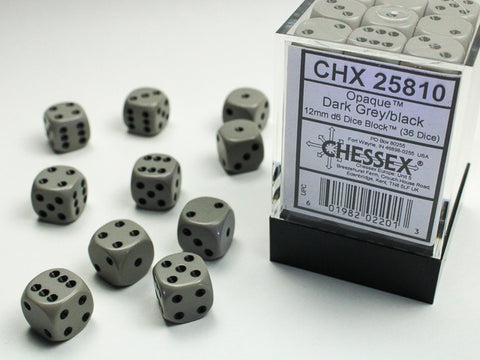 Dice Block: 12 mm, 36 D6 Dice Set- Opaque Dark Grey/Black