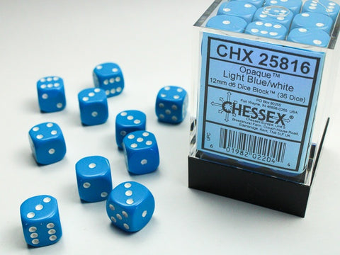 Dice Block: 12 mm, 36 D6 Dice Set- Opaque Light Blue/White