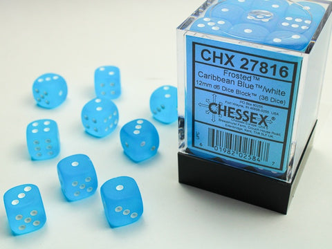 Dice Block: 12 mm, 36 D6 Dice Set- Frosted Caribbean Blue/White