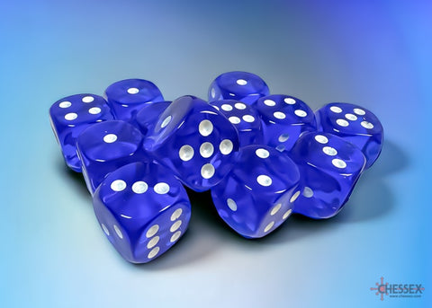 Dice Block: 16 mm, 12 D6 Dice Set- Translucent Blue/White