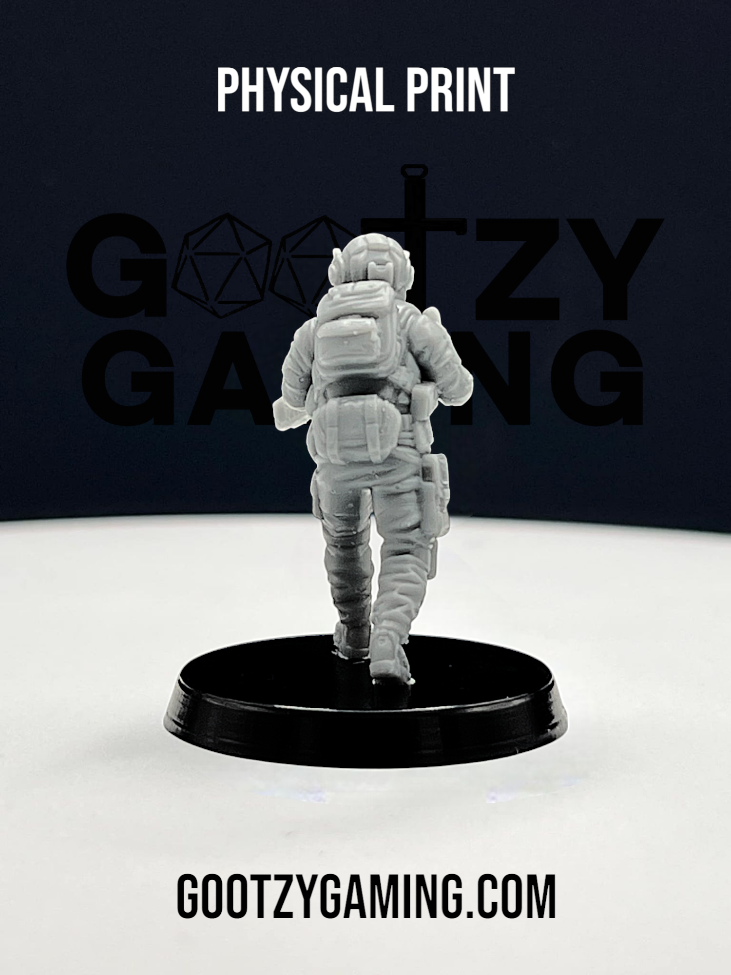 a toy astronaut is standing on a black base