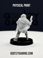 a white plastic figurine holding a remote control