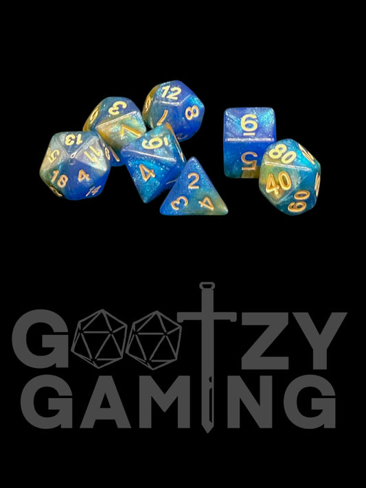 Super Sparkle Blue Gold - Plastic Standard 7 Dice Set - D&D Dice