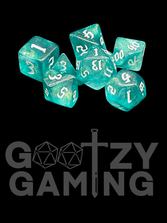 Gothic Sparkle Aqua - Plastic Standard 7 Dice Set - D&D Dice