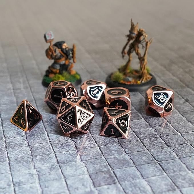 D&D Dice: 16 mm Metal 7 Dice Set - Antique Copper with Black Enamel - Gootzy Gaming