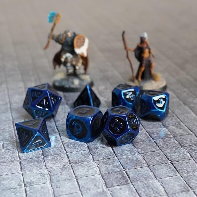 D&D Dice: 16 mm Metal 7 Dice Set - Blue with Black Enamel - Gootzy Gaming
