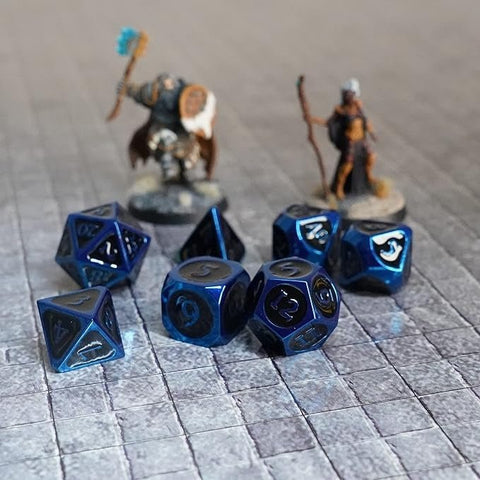 D&D Dice: 16 mm Metal 7 Dice Set - Blue with Black Enamel - Gootzy Gaming
