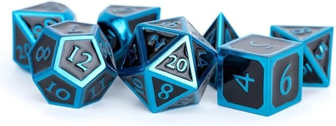 D&D Dice: 16 mm Metal 7 Dice Set - Blue with Black Enamel - Gootzy Gaming