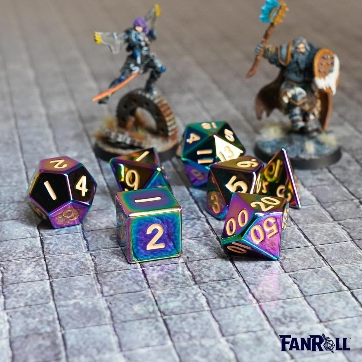 D&D Dice: 16 mm Metal 7 Dice Set - Flame Torched Rainbow - Gootzy Gaming
