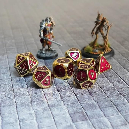 D&D Dice: 16 mm Metal 7 Dice Set - Gold with Purple Enamel - Gootzy Gaming