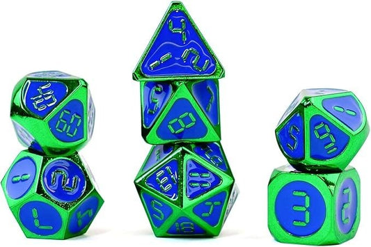D&D Dice: 16 mm Metal 7 Dice Set - Green with Blue Enamel - Gootzy Gaming