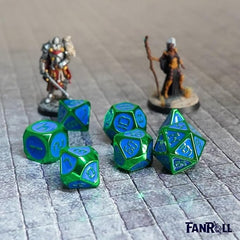 D&D Dice: 16 mm Metal 7 Dice Set - Green with Blue Enamel - Gootzy Gaming