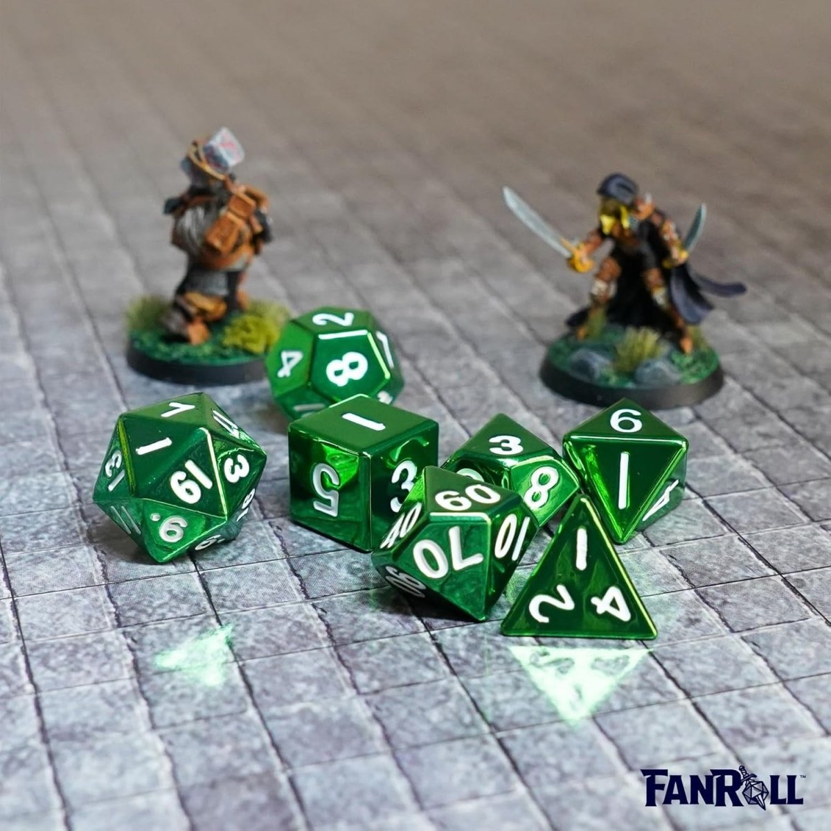 D&D Dice: 16 mm Metal 7 Dice Set - Green - Gootzy Gaming