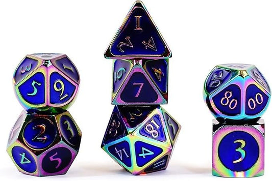 D&D Dice: 16 mm Metal 7 Dice Set - Rainbow with Blue Enamel - Gootzy Gaming