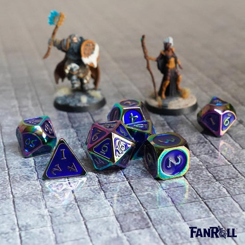 D&D Dice: 16 mm Metal 7 Dice Set - Rainbow with Blue Enamel - Gootzy Gaming