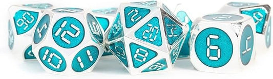 D&D Dice: 16 mm Metal 7 Dice Set - Silver with Teal Enamel - Gootzy Gaming