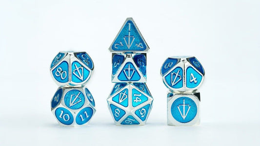 D&D Dice: 16 mm Tales of the Valiant Metal Dice Set - Silver with Light Blue Enamel - Gootzy Gaming