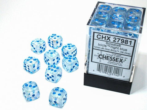 Dice Block: 12 mm, 36 D6 Dice Set - Borealis Luminary Icicle/Light Blue - Gootzy Gaming