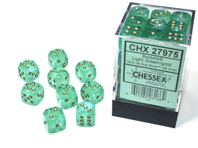 Dice Block: 12 mm, 36 D6 Dice Set - Borealis Luminary Light Green/Gold - Gootzy Gaming