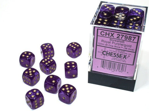 Dice Block: 12 mm, 36 D6 Dice Set - Borealis Luminary Royal Purple/Gold - Gootzy Gaming