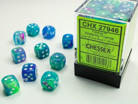 Dice Block: 12 mm, 36 D6 Dice Set - Festive Waterlily/White - Gootzy Gaming