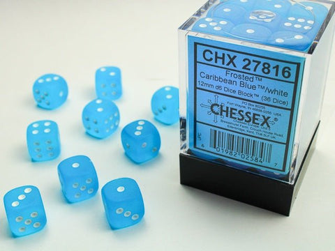 Dice Block: 12 mm, 36 D6 Dice Set- Frosted Caribbean Blue/White - Gootzy Gaming