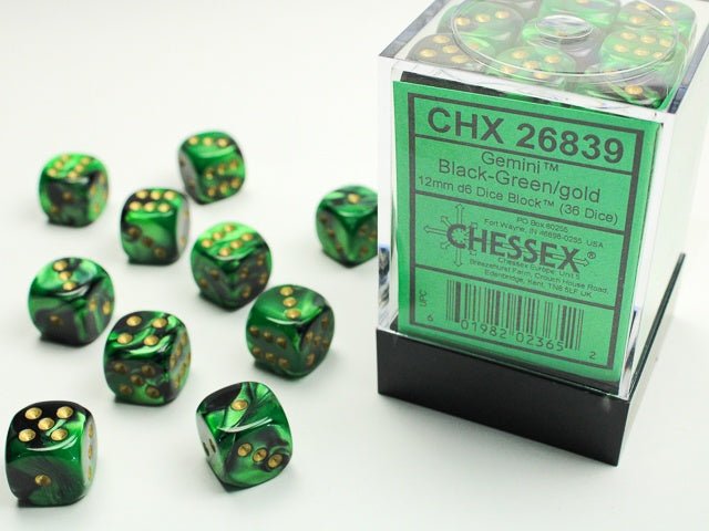 Dice Block: 12 mm, 36 D6 Dice Set - Gemini Black - Green/Gold - Gootzy Gaming