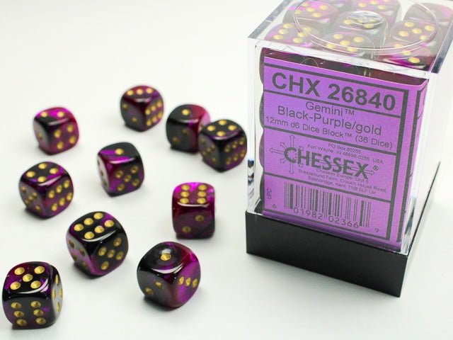 Dice Block: 12 mm, 36 D6 Dice Set - Gemini (Black - Purple/Gold) - Gootzy Gaming