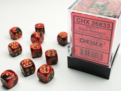 Dice Block: 12 mm, 36 D6 Dice Set - Gemini (Black - Red/Gold) - Gootzy Gaming