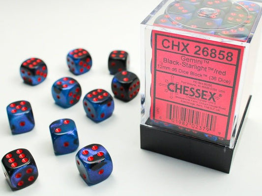 Dice Block: 12 mm, 36 D6 Dice Set - Gemini (Black - Starlight/Gold) - Gootzy Gaming