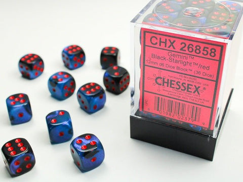 Dice Block: 12 mm, 36 D6 Dice Set - Gemini (Black - Starlight/Gold) - Gootzy Gaming