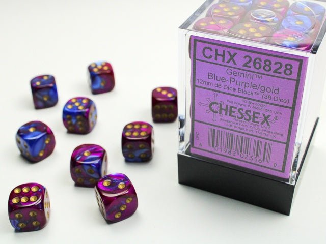 Dice Block: 12 mm, 36 D6 Dice Set - Gemini (Blue - Purple/Gold) - Gootzy Gaming