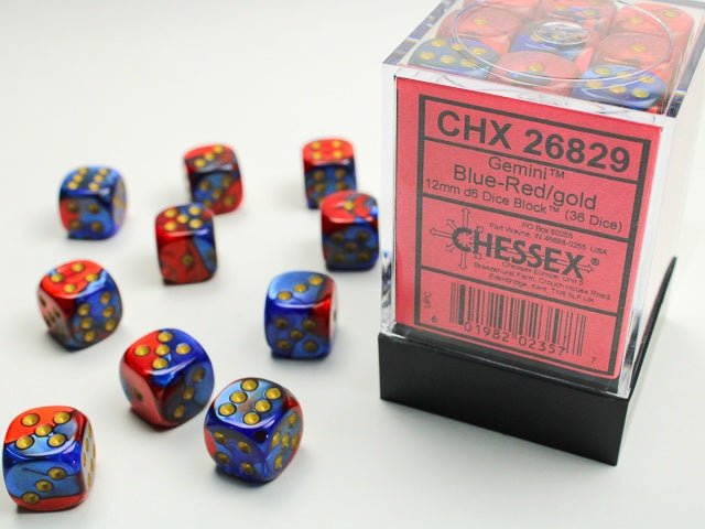 Dice Block: 12 mm, 36 D6 Dice Set- Gemini Blue-Red/Gold - Gootzy Gaming