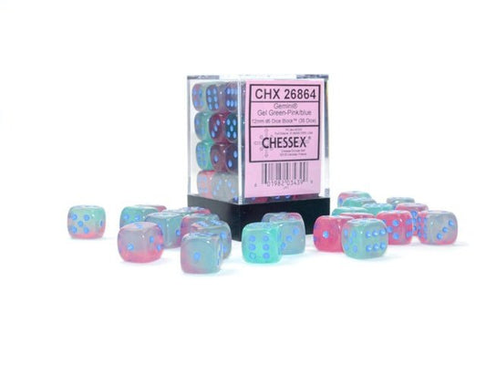 Dice Block: 12 mm, 36 D6 Dice Set - Gemini Luminary Gel Green - Pink/Blue - Gootzy Gaming