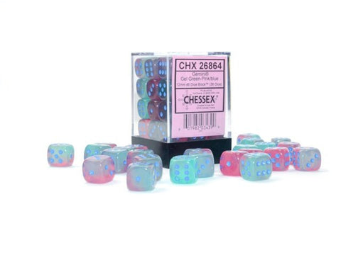Dice Block: 12 mm, 36 D6 Dice Set - Gemini Luminary Gel Green - Pink/Blue - Gootzy Gaming