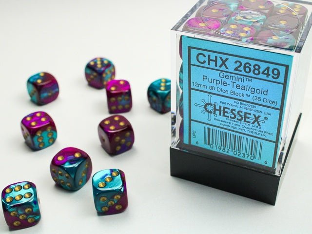 Dice Block: 12 mm, 36 D6 Dice Set - Gemini Purple - Teal/Gold - Gootzy Gaming