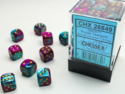 Dice Block: 12 mm, 36 D6 Dice Set - Gemini Purple - Teal/Gold - Gootzy Gaming
