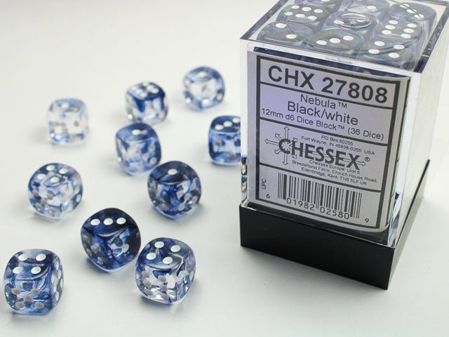 Dice Block: 12 mm, 36 D6 Dice Set- Nebula Black/White - Gootzy Gaming