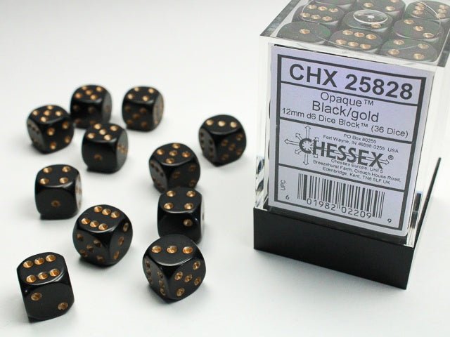 Dice Block: 12 mm, 36 D6 Dice Set - Opaque Black/Gold - Gootzy Gaming