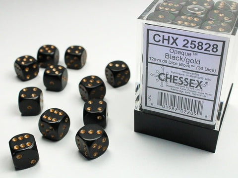 Dice Block: 12 mm, 36 D6 Dice Set - Opaque Black/Gold - Gootzy Gaming
