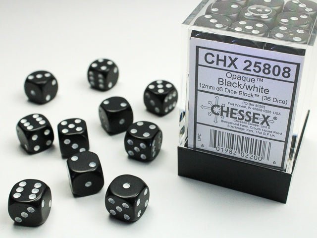 Dice Block: 12 mm, 36 D6 Dice Set - Opaque Black/White - Gootzy Gaming