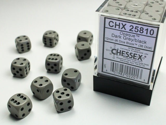 Dice Block: 12 mm, 36 D6 Dice Set- Opaque Dark Grey/Black - Gootzy Gaming