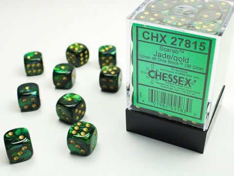 Dice Block: 12 mm, 36 D6 Dice Set - Scarab Jade/Gold - Gootzy Gaming
