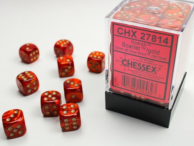 Dice Block: 12 mm, 36 D6 Dice Set - Scarab Scarlet/Gold - Gootzy Gaming