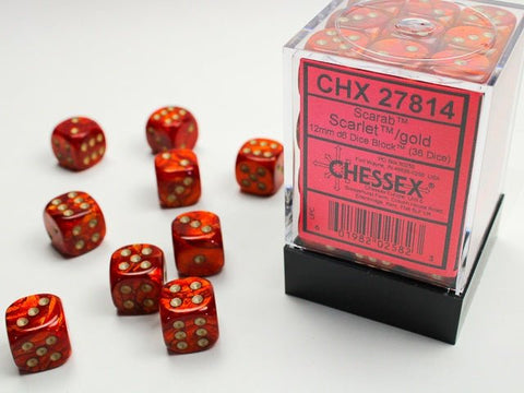 Dice Block: 12 mm, 36 D6 Dice Set - Scarab Scarlet/Gold - Gootzy Gaming