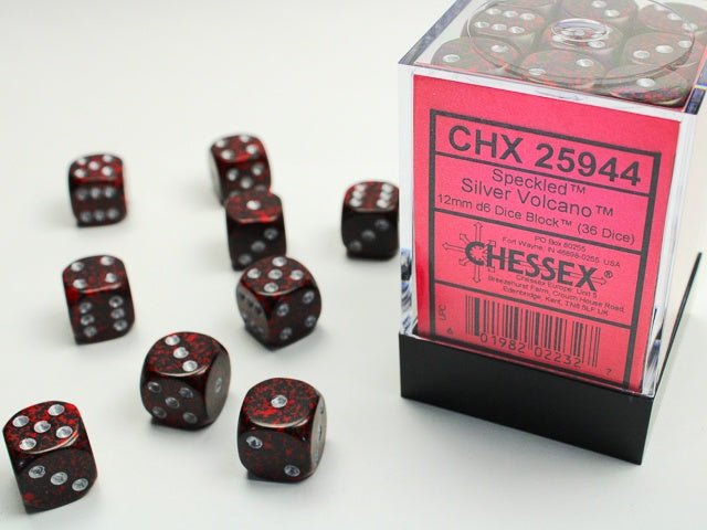 Dice Block: 12 mm, 36 D6 Dice Set - Speckled Silver Volcano (Black - Red/Silver) - Gootzy Gaming