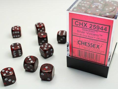 Dice Block: 12 mm, 36 D6 Dice Set - Speckled Silver Volcano (Black - Red/Silver) - Gootzy Gaming