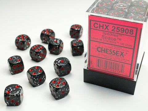 Dice Block: 12 mm, 36 D6 Dice Set - Speckled Space (Black - White/Red) - Gootzy Gaming