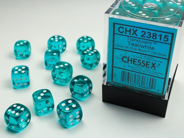 Dice Block: 12 mm, 36 D6 Dice Set - Translucent Teal/White - Gootzy Gaming