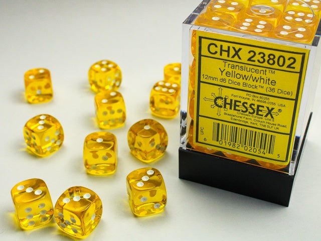 Dice Block: 12 mm, 36 D6 Dice Set- Translucent Yellow/White - Gootzy Gaming